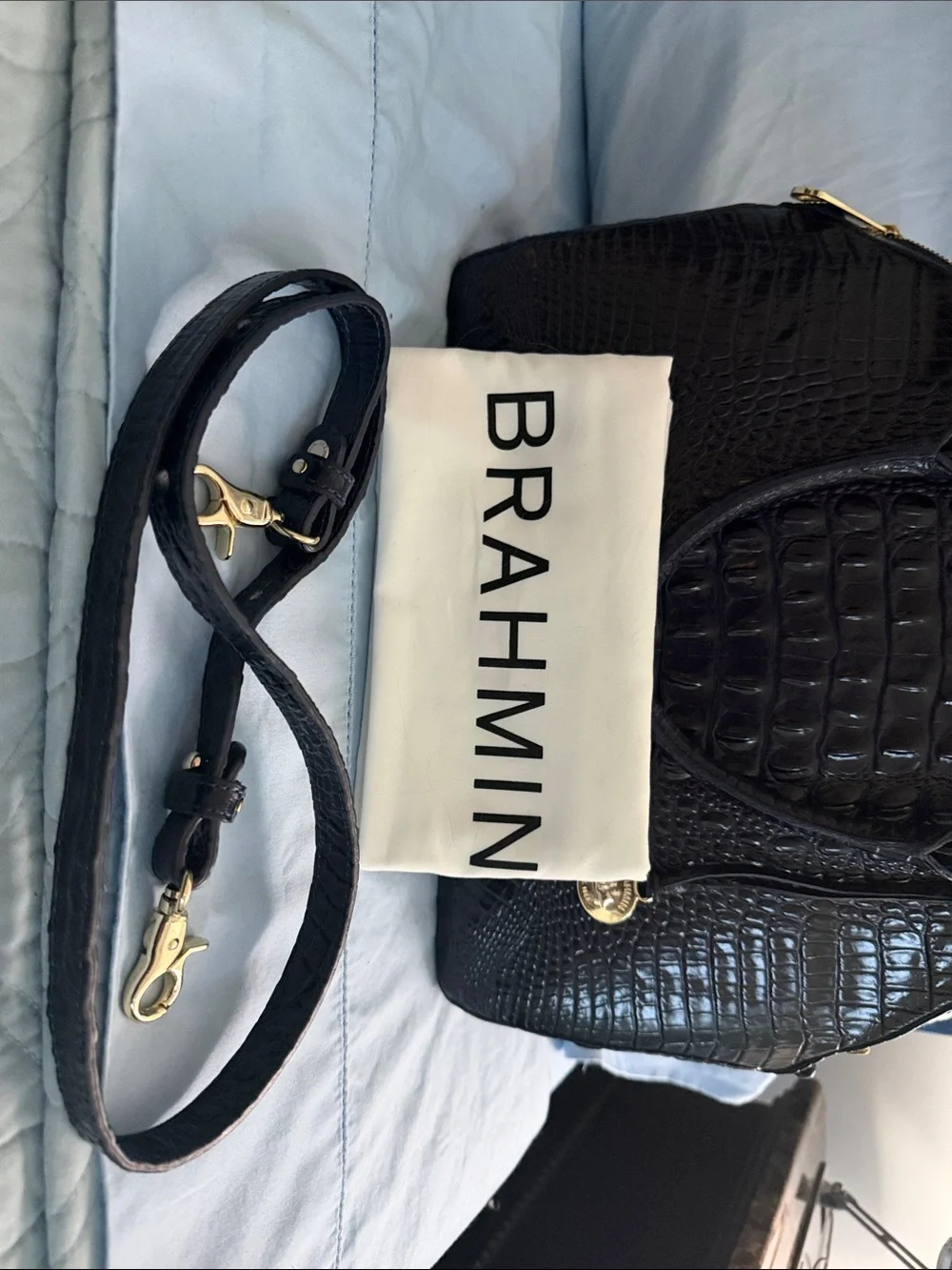 Brahmin Ink Blue Croc-Embossed Satchel with Gold Charm